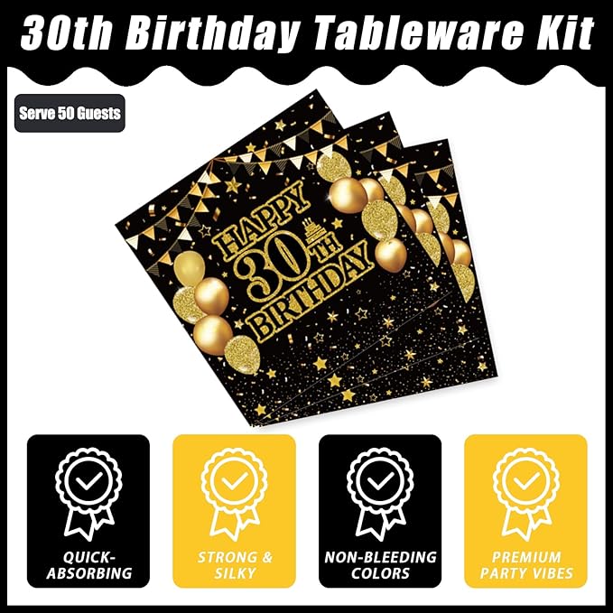200Pcs 30th Birthday Party Tableware Set, Back in 1996 Birthday Party Decorations Supplies for Men Women Cheers to 30 Years Birthday Party Dessert Plates Napkins Forks Favors, Serve 50