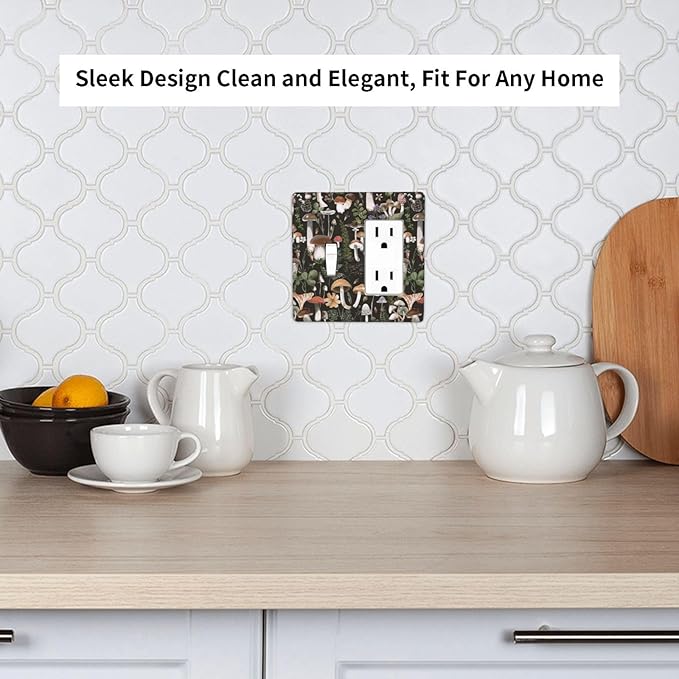 Black Boho Moth Botanic Mushroom 2 Gang Single Toggle/Decorator Combination Light Switch Cover Decorative Combo 1-Toggle/1-GFCI/Rocker Wall Plate Cover