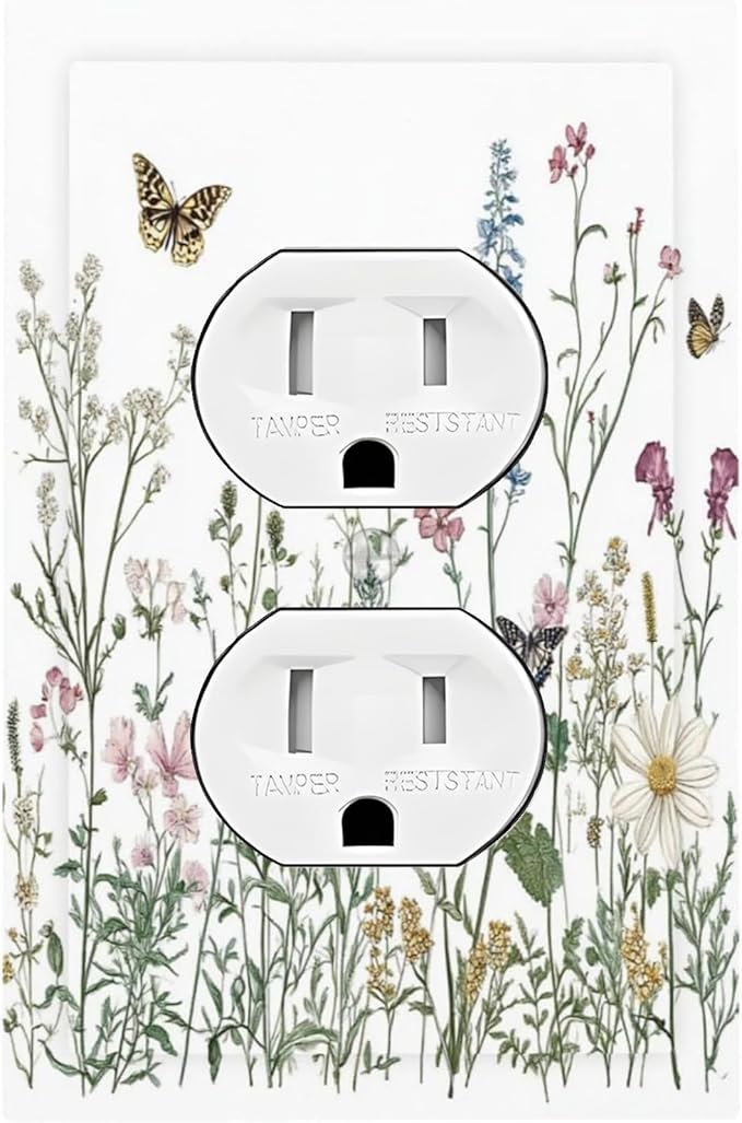 Outlet Covers Rustic Wildflowers Butterfly Colorful Floral 1 Gang Duplex Light Switch Cover Decorative Switch Plates Electrical Receptacle Faceplate Wall Plate For Bed Room Living Room