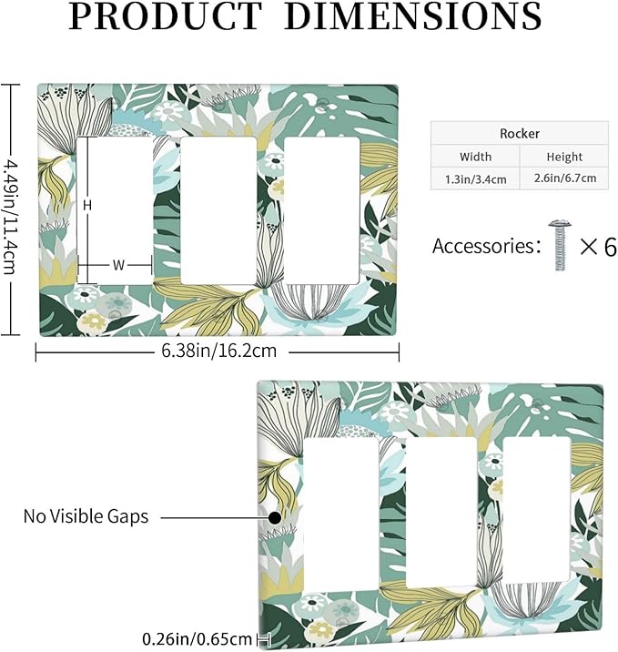 Retro Tropical Leaves 3 Gang Wall Plate Triple Rocker Light Switch Cover Decorative Switch Plates Outlet Covers Electrical GFCI Faceplate for Bedroom Bathroom Kitchen Art Decor Accessories