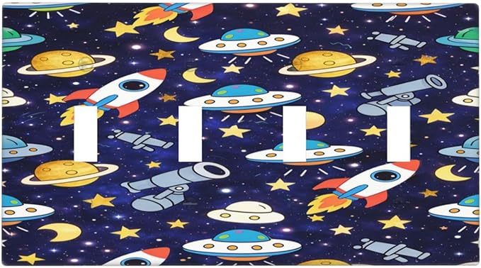 Decorative Light Switch Cover Plate Blue Space-themed Rocket Spaceship 4 Gang Wall Plates for Electrical Quad Toggle Switch Plate Covers Outlet Covers Faceplate for Children's Room Decor
