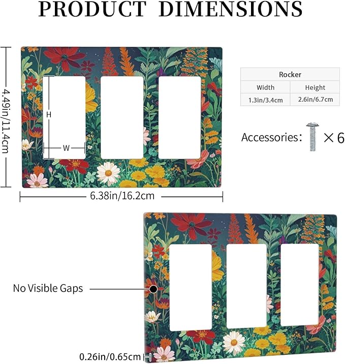 Decorative Light Switch Plate with Wildflowers & Stars Botanical Floral Art Design 3 Gang Outlet Covers Triple Rocker Wall Plate Switch Plate Cover for Garden Theme Wall Decor