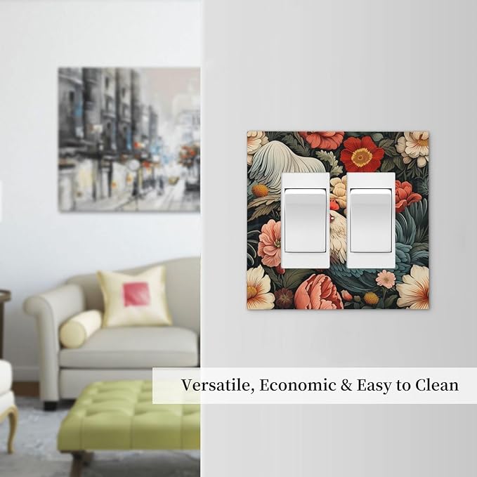Decorative Outlet Covers Rooster Flowers Red White Chicken Floral 2 Gang Double GFCI Rocker Electrical Wall Panels Light Switch Cover Plate for living Room Farmhouse Decor