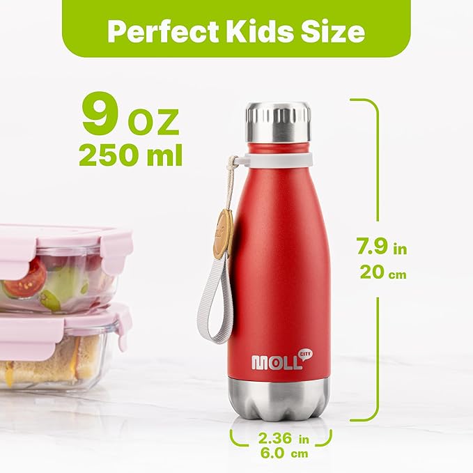 Small Water Bottles for Kids -9 oz Stainless Steel Vacuum Insulated Leak Proof Water Bottle for School Cola Shape Mini Water Bottle for Girls(Red)