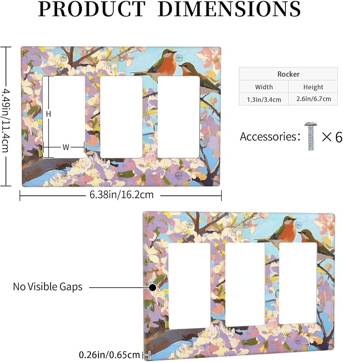 Bird Flower Triple Rocker Wall Plate Decorative 3 Gang Light Switch Covers Electrical Switchplate Home Decorate Faceplat for Bathroom Bedroom Kitchen Room 4.5 x 6.38 Inch