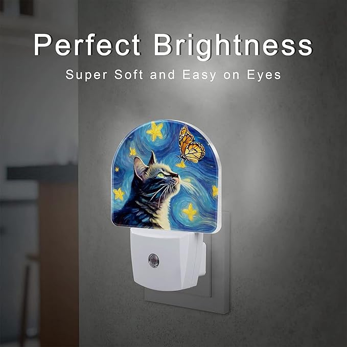 Cat and Butterfly Night Light for Kids, Starry Night Oil Painting Plug in Night Light with Dusk to Dawn Sensor, 0.5w Energy Saving Nightlight for Hallway Stairway Kitchen Bedroom