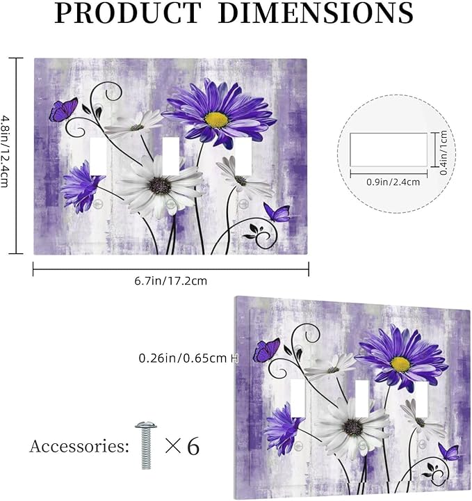Decorative Light Switch Cover Plate Rustic Purple Daisy Butterfly Boho White Floral 3 Gang Wall Plate Switch Plate Covers Triple Toggle Jumbo Electrical Faceplate for Country Home Decor