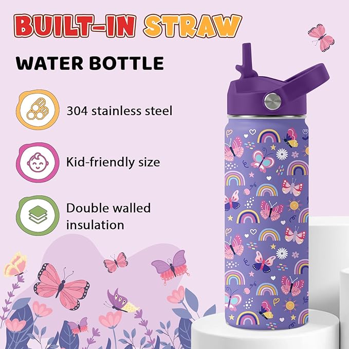 Butterfly Gifts - 18oz Purple Kids Water Bottle with Straw Lid, Stainless Steel Insulated Bottle, Leakproof, BPA-Free, for Girls, School, Travel - Butterfly Rainbow Themed Birthday Gift Cup (1pc)