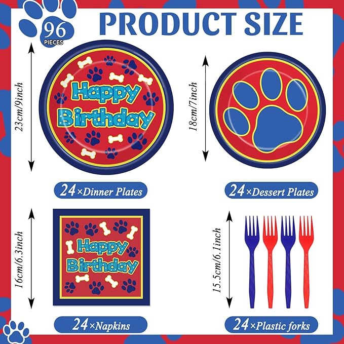 96 Pcs Cartoon Dog Birthday Party Plates and Napkins Paw Print Party Decorations Puppy Theme Supplies Lets Pawty Paper Dessert Plates Tableware Set for Kids Boy Girl Baby Shower 24 Guests