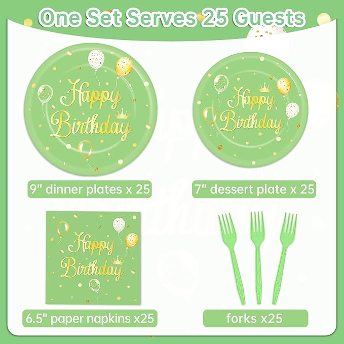Qyeahkj 100 Pcs Sage Green Birthday Party Supplies Olive Green Gold Paper Plates Napkins Forks Tableware Set Disposable Greenery Happy Birthday Party Decorations for Women Men Girls Favors Serve 25