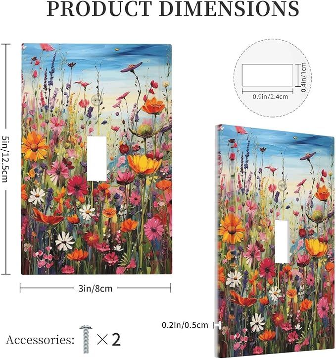 Colorful Wildflowers Painting Floral Flower Decorative Light Switch Cover 1 Gang Single Toggle Device Electrical Faceplate Switchplates Decorator Outlet Wall Plate for Bedroom Living Room Decor