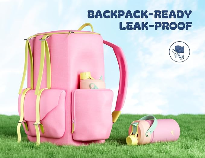 12 oz Kids Steel Water Bottle for School: 2-in-1 Straw Spout Lid, Leakproof, BPA-Free, Cold 24H, Car Cupholder Friendly, Cute Insulated Cup for Travel, Camping, Birthday Gift for Girls (Peachy Cream)