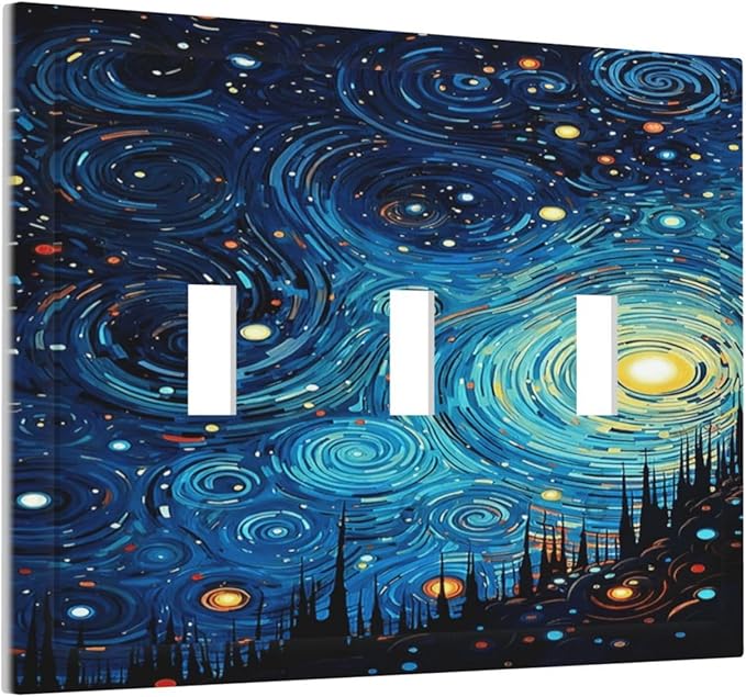 Decorative Light Switch Cover Plate Abstract Starry Night Style 3 Gang Wall Plate Triple Toggle Switch Plate Covers Electrical Outlet Cover for Home living Room Decor