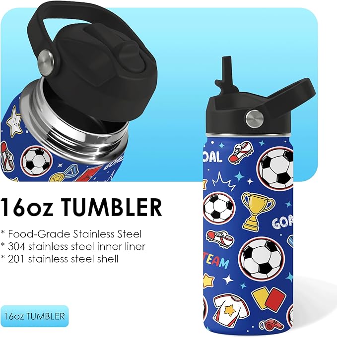 Soccer Gifts for Kids - 16 Oz Kids Water Bottle with Straw Lid, Stainless Steel Insulated Tumbler, Leak Proof, BPA-Free, for Girls, School, Travel - Soccer Lovers Children Birthday Gifts Cups(1pc)
