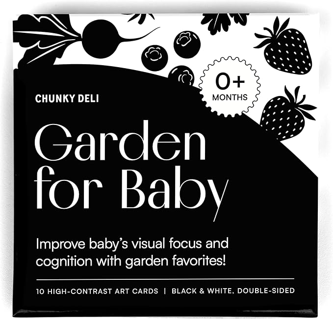 Garden for Baby Black and White Cards by Chunky Deli | High Contrast Sensory Toy for Newborn Visual Stimulation & Tummy Time | 10 Laminated Infant Learning Cards | Unique Foodie