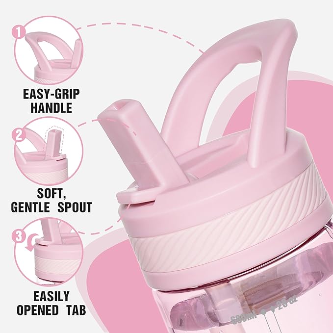 OLDLEY 20 kids Water Bottle with Straw,Tritan BPA-Free,Leak-Proof Design for Travel, Home, School, (Pink)