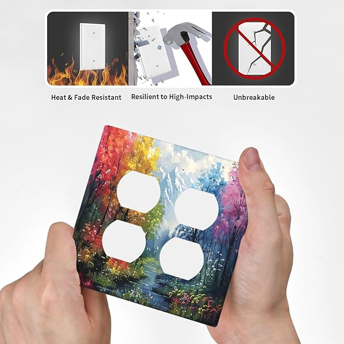Colorful Forest Snow Mountain River Oil Painting Style Outlet Covers 2 Gang Double Duplex Decorative Light Switch Covers Electrical Wallplates Socket Faceplate for Bedroom Living Room Decor