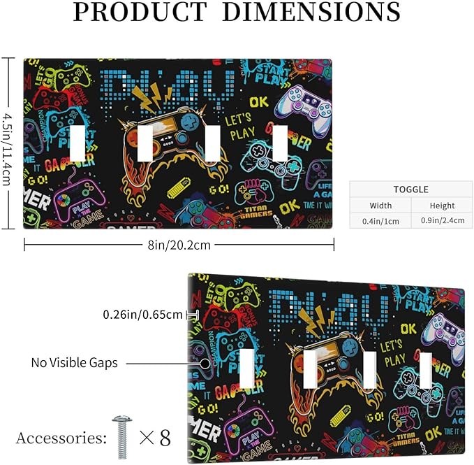 Gamer Video Game Themed Cool Controller Print Light Switch Covers Quad Toggle Electrical Faceplate 4 Gang Wall Plate Decorative Switch Plates Cover for Kids Room Office Decor