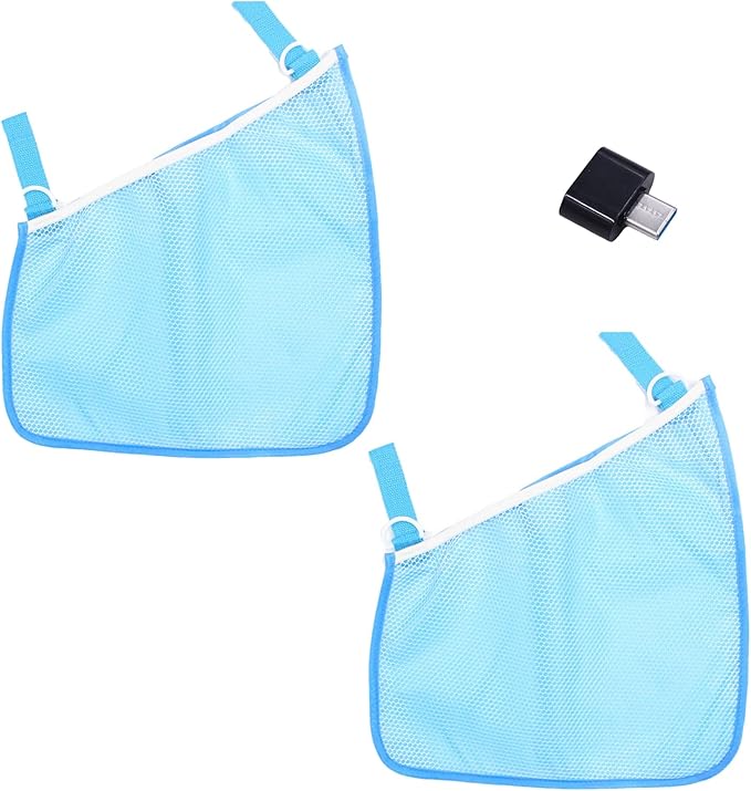 2 Pack Universal Side Sling Stroller Mesh Cargo Net and Organizer, Extra Stroller Storage Space, Non-Slip and Adjustable Straps (Blue) Type-C Convertor