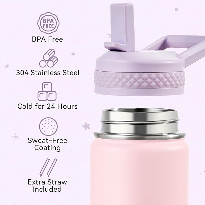Fijinhom 12 oz Kids Water Bottle, Toddler Water Bottle with Straw, Boys&Girls Bottle for School, 304 Stainless Steel Vacuum Insulated Bottle for Kids, BPA-Free, Leak-Proof, Purple Pink