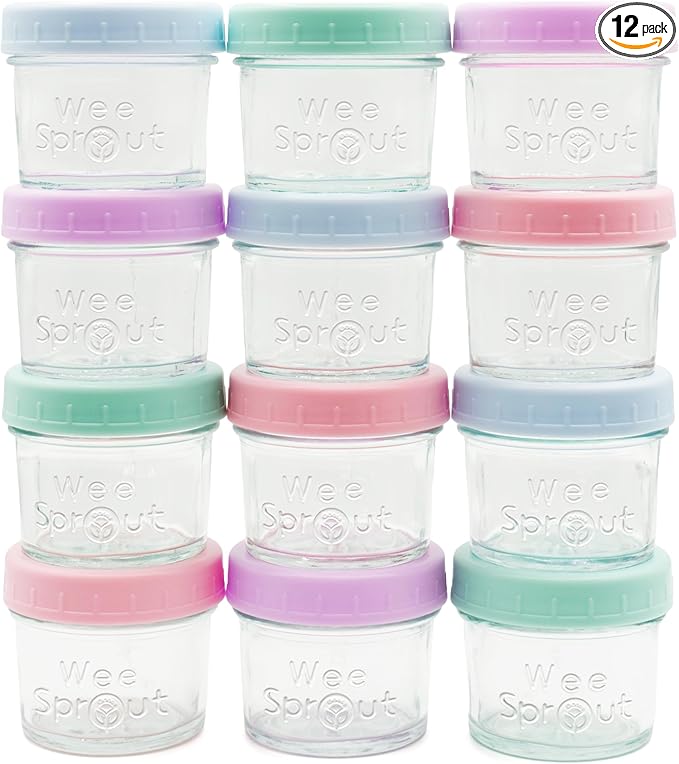 WeeSprout Baby Food Storage Glass Jars w/Lids (4 oz, 12 Pack) Pastel Variety, Snack, Reusable Small Containers, Fridge or Freezer, Microwave & Dishwasher Safe, Essentials for Infants