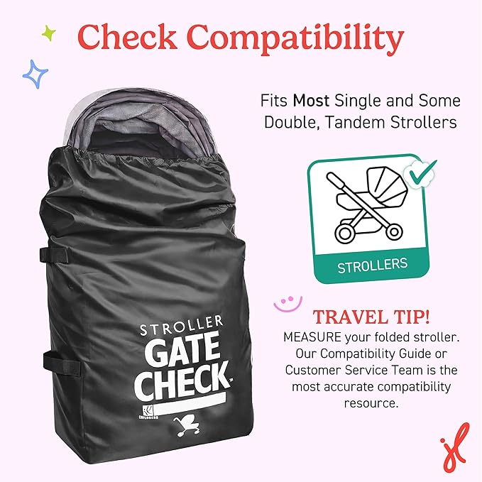J.L. Childress Gate Check Bag for Single & Some Double Strollers - Travel Bag for Airplane, Fits Most Standard Baby Strollers, Airport Accessories Gate Check, Flying Essentials - Black