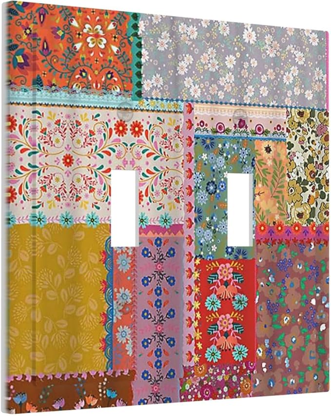 Light Switch Cover Boho Patchwork Bohemian Stitching Colorful Floral 2 Gang Wall Plate Double Light Switch Plate Toggle Decorative Outlet Covers Electrical Switchplate for Bathroom Home Decor