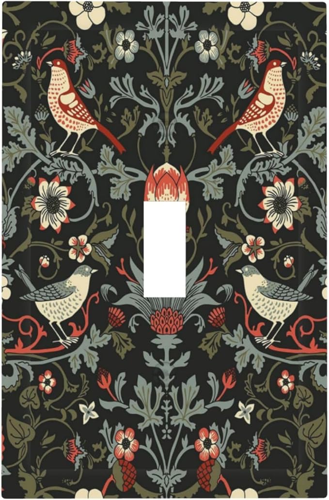 Vintage Birds Berries Mid Century Floral Flower Decorative Light Switch Cover 1 Gang Single Toggle Device Electrical Faceplate Switchplates Decorator Outlet Wall Plate for Bedroom Living Room Decor