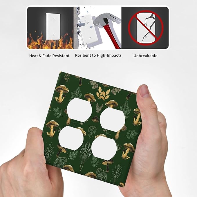 Decorative Outlet Covers Cute Gold Mushtroom Green Plant Leaf 2 Gang Light Switch Cover Plate Double Duplex Wall Plates for Electrical Outlets Switch Plate Covers for Bedroom Home Decor