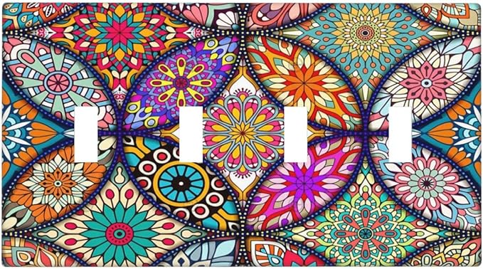 Bohemian Quad Toggle Light Switch Cover Decorative 4 Gang Switch Plates Cover colorful Vintage Floral Mandala Flower for Bathroom Home Living Room Decor 8 X 4.5 In