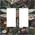 Vintage Dark Green Dragonfly Flowers Floral Botanical Decorative Outlet Covers 2 Gang Double GFCI Rocker Electrical Wall Panels Light Switch Cover Plate for Farmhouse Home Decor