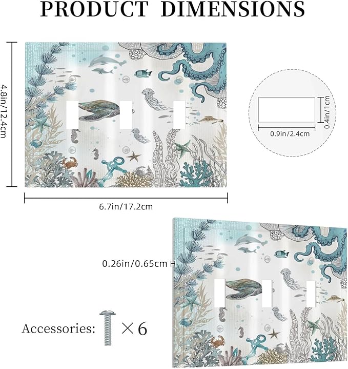 Sea Turtle Octopus Ocean Underwater Animal 3 Gang Light Switch Covers Decorative Unique Triple Toggle Wall Plate Electrical Faceplate Switchplate for Kitchen Bathroom Bedroom Home Decor