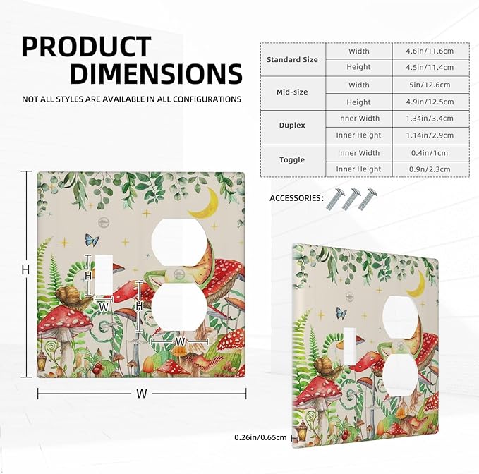 Wallplates Boho Mushrooms Frogs Butterflies Flowers Moon Stars 1 Toggle 1 Duplex Switch Plate Electrical GFCI Faceplate Decorative Light Switch Covers for Kids room Bedroom Decor