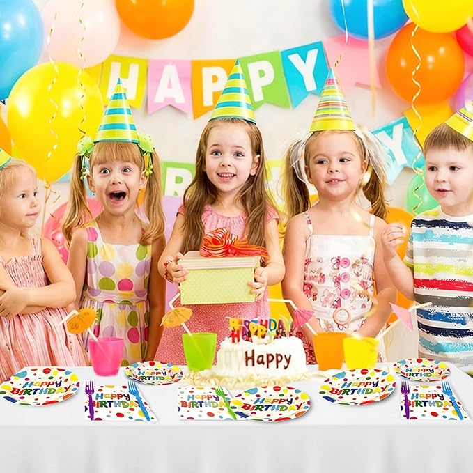 100 PCS Happy Birthday Paper Plates Napkins and Forks Set Serve 25, 9 Inches and 7 Inches Colorful Polka Dots Cake Dessert Plates Disposable Dinnerware Tableware Decor for Dinner Bday Party Supplies