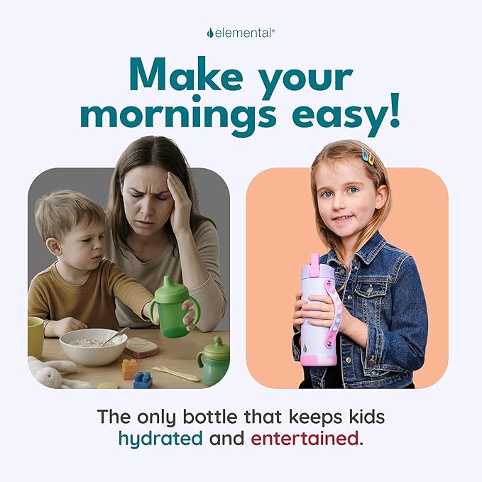 Elemental Iconic Kids Water Bottle for School - 100% Leak-Proof Insulated Water Bottles with Straw Lid & Pop-It Handle for Boys & Girls - Triple-Wall Insulated & BPA-Free, 14oz – Lilac Tie Dye