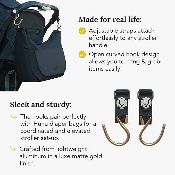 Huhu Essential Stroller Hooks - Lightweight Aluminum Stroller Bag Hook with Adjustable Straps, Matte Gold S-Hooks for Diaper Bag, Shopping, Everyday Essentials – Universal Fit Baby Stroller Accessory