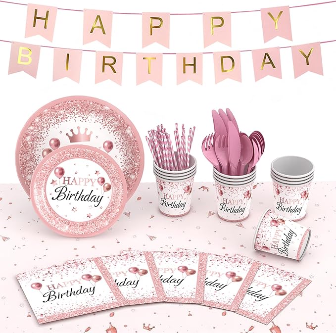 212Pcs Pink Birthday Decorations Disposable Dinnerware Sets,Birthday Party Supplies Plates Napkins Set Baby Shower Birthdays Party Plate Pink Set With Banners Cups Forks knives Spoons Serve 24
