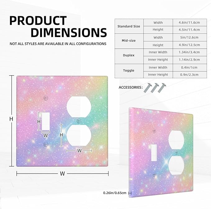 Decorative Light Switch Cover Plate Rainbow Shiny Gradient Colors 2 Gang Outlet Covers 1 Toggle 1 Duplex Wall Plate Decorate Electrical Switch Plate Covers for Kids Room Nursery Decor