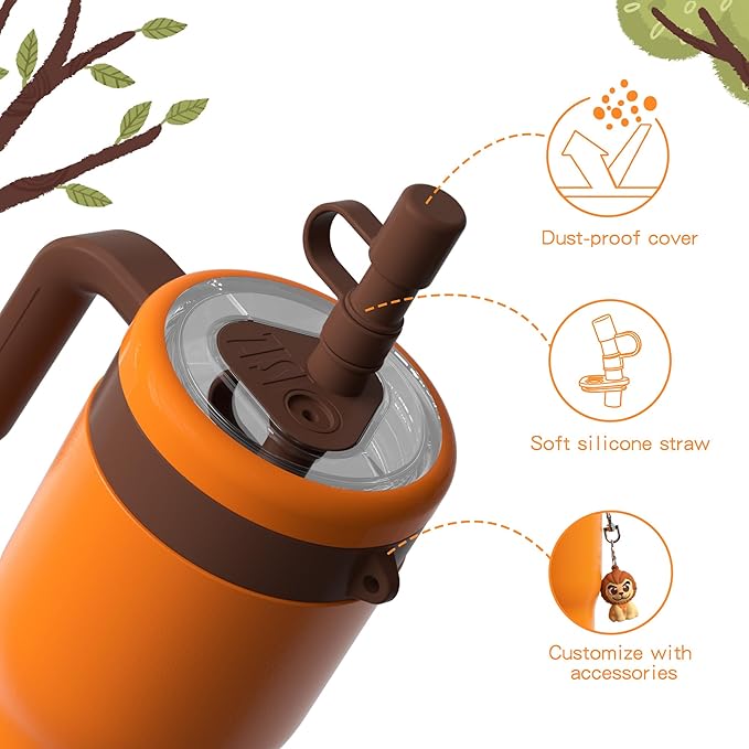 OISIZ 14oz Kids Tumbler with Straw Lid & Handle,Kids Cup with Animal Accessory for School,Kids Water Bottles with Dust-proof Cover,Leakproof Water Bottles,316 Stainless Steel,Keep Cold 24 Hours-orange