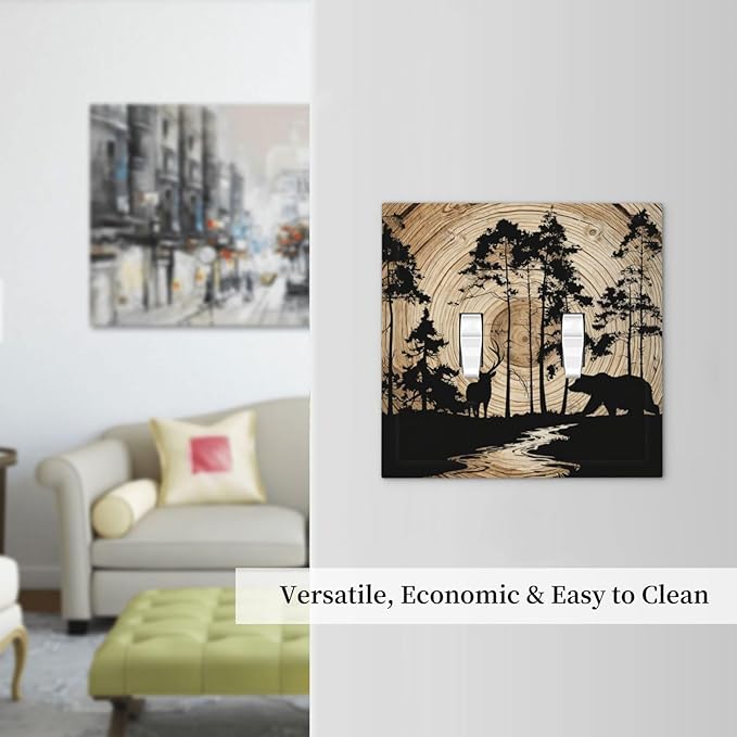 Rustic Forest Antler Black Bear Deer Silhouettes Decorative Switch Plates 2 Gang Double Toggle Outlet Light Switch Cover Wall Plate Electrical Faceplate for Farmhouse Home Decor