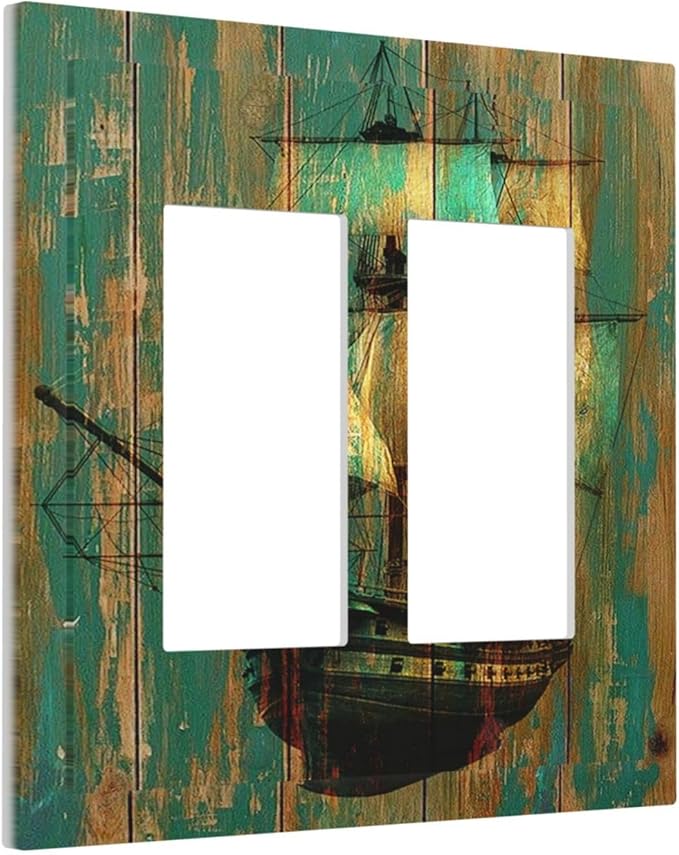 Decorative Outlet Covers Rustic Green Wood Grain Sailboat 2 Gang Double GFCI Rocker Electrical Wall Panels Light Switch Cover Plate for Farmhouse Bedroom Decor