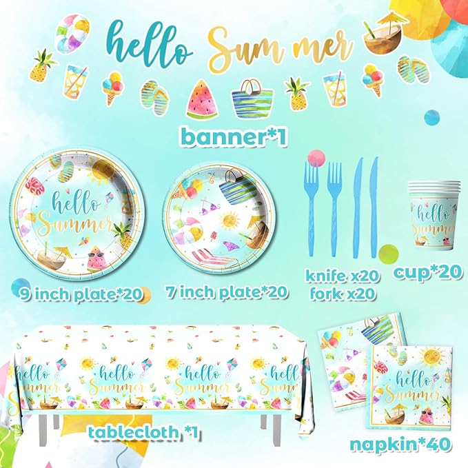 Hello Summer Party Decorations-143Pcs Beach Pool Party Paper Plates and Napkins Set Swimming Luca Themed Tableware Summer Party Supplies for Kids Birthday