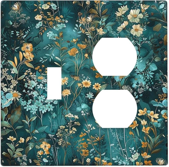 Wallplates Green Leaf Floral Boho Golden Flower Plant 1 Toggle 1 Duplex Switch Plate Electrical Gfci Faceplate Decorative Light Switch Covers For Bed Room Cabin Decor