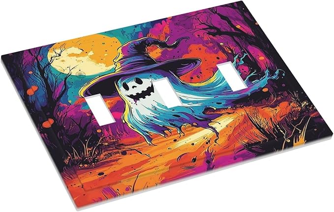 Decorative Switch Plates Ghost Colorful Forest Moon Dead Tree 3 Gang Wall Plate Triple Toggle Light Switch Cover Faceplate Electrical Wall Panels For Nursery Kids Room Decor