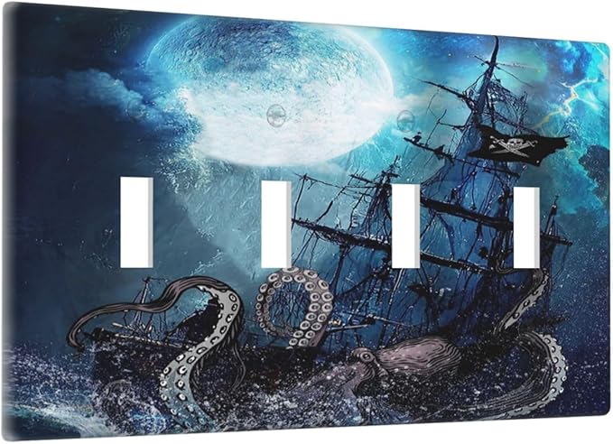 Moon Ocean Nautical Octopus 4 Gang Device Light Switch Cover Decorative Quad Toggle Wall Plate Decorative Electrical Faceplate for Home Bedroom Art Decorate
