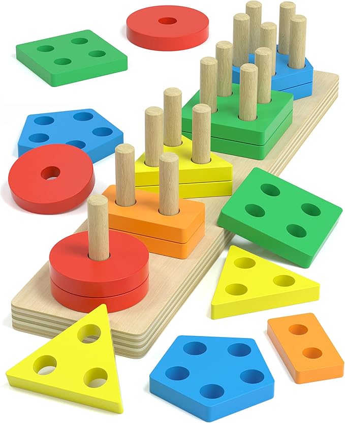 kecristv Montessori Toys for 1 2 Year Old Girl and Boy Birthday Gifts, Shape Sorter Wooden Toys for Toddlers Age 1-3 2-4, Learning Educational Sensory Stacking Toy Toddler Puzzles