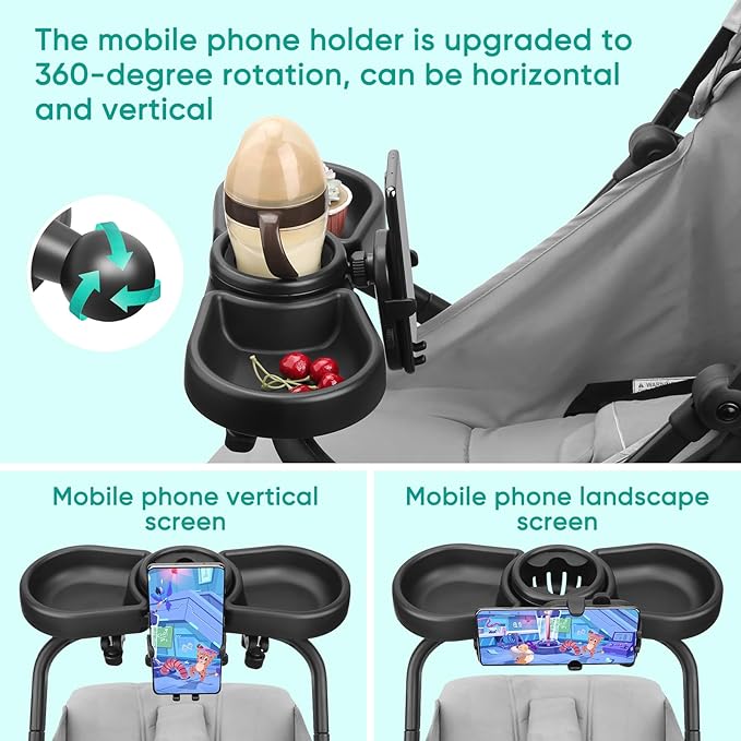 Universal Stroller Snack Tray, 4 in 1 Stroller Tray Attachment with Cups Phone Holder for Baby Toddler Stroller, 360° Rotation Universal Stroller Tray Compatible with Uppababy, Baby Jogger, etc