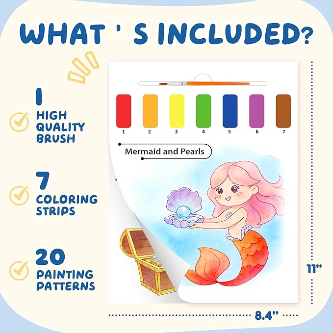 YPLUS Paint with Water Books for Toddlers, Watercolor Painting Paper Gift for Kids Ages 1-3, 2-4, 4-6, Art Craft Gift for Drawing with Brush Christmas Stocking Stuffers for Kids Toddler - Mermaid