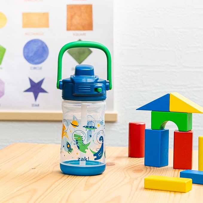 Zak Designs Beacon Kid Water Bottle for Travel or At Home, 12oz Plastic is Durable and Leak-Proof with Liquid Lock Spout, Cover, Carry Handle, Protective Base (Dinosaur)