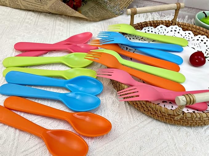 Jawbush 16 Pcs Kids Utensils, Plastic Kids Forks and Spoons, Reusable Toddler Utensils, Durable Flatware Set for Lunch Box, Easy to Use, BPA Free